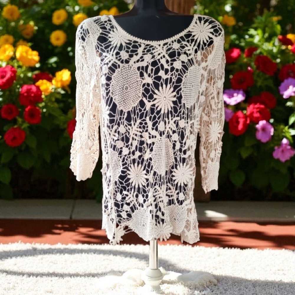 Breeze Ever Cream 100% Cotton Crochet Lace Top Size L